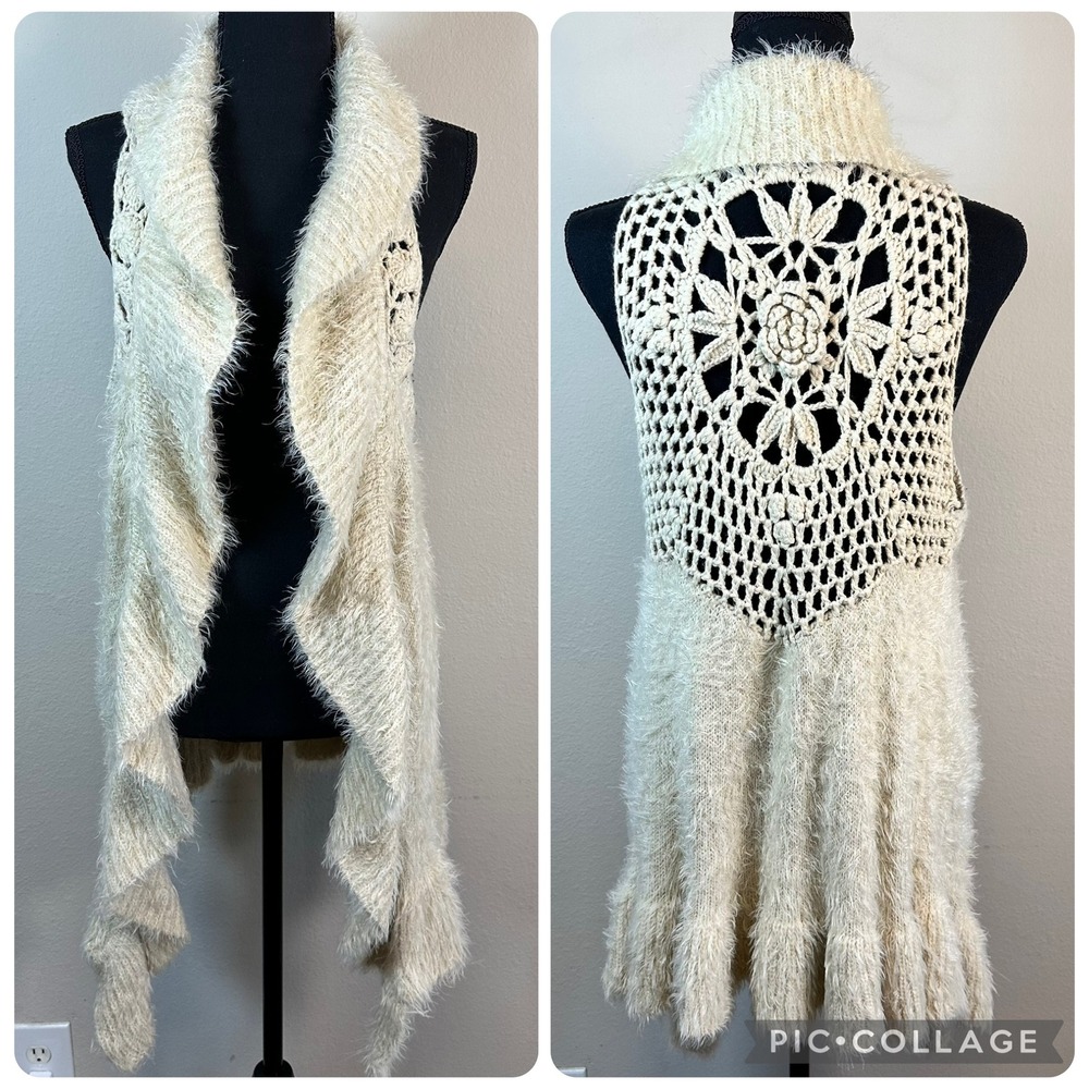Fuzzy‎ Knit Waterfall Vest Womens Large Cream Crochet Lace Back Boho Cardigan